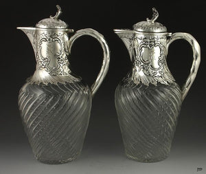 Fine Pair 1890s GERMAN HAND BLOWN CUT GLASS & SILVER WINE EWERS/PITCHERS ROCOCO