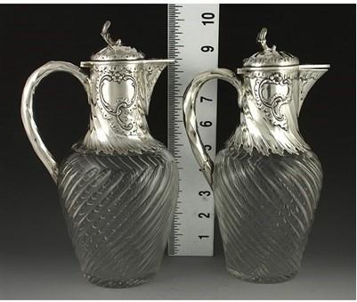 Fine Pair 1890s GERMAN HAND BLOWN CUT GLASS & SILVER WINE EWERS/PITCHERS ROCOCO