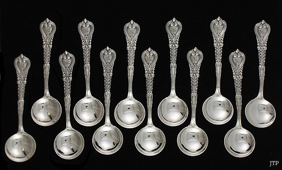 12 Tiffany & Co Florentine 1900 Sterling Silver Bouillon Soup Spoons 5 3/8"