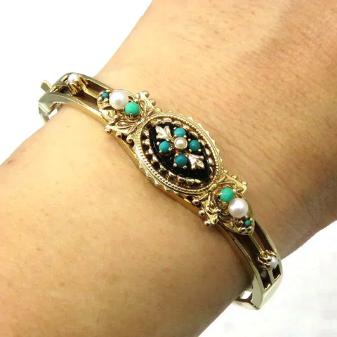 14K Yellow Gold Victorian Style Turquoise Pearl Bangle Bracelet