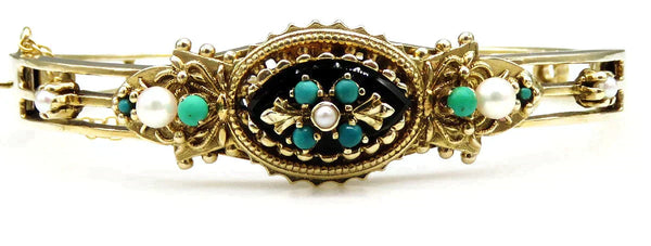 14K Yellow Gold Victorian Style Turquoise Pearl Bangle Bracelet