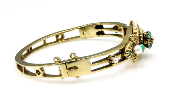 14K Yellow Gold Victorian Style Turquoise Pearl Bangle Bracelet