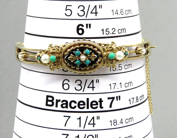 14K Yellow Gold Victorian Style Turquoise Pearl Bangle Bracelet