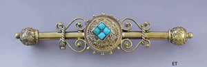 c1870s Stunning Victorian 16k/17k Gold Turquoise Etruscan Revival Pin Brooch