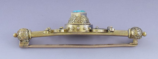 c1870s Stunning Victorian 16k/17k Gold Turquoise Etruscan Revival Pin Brooch