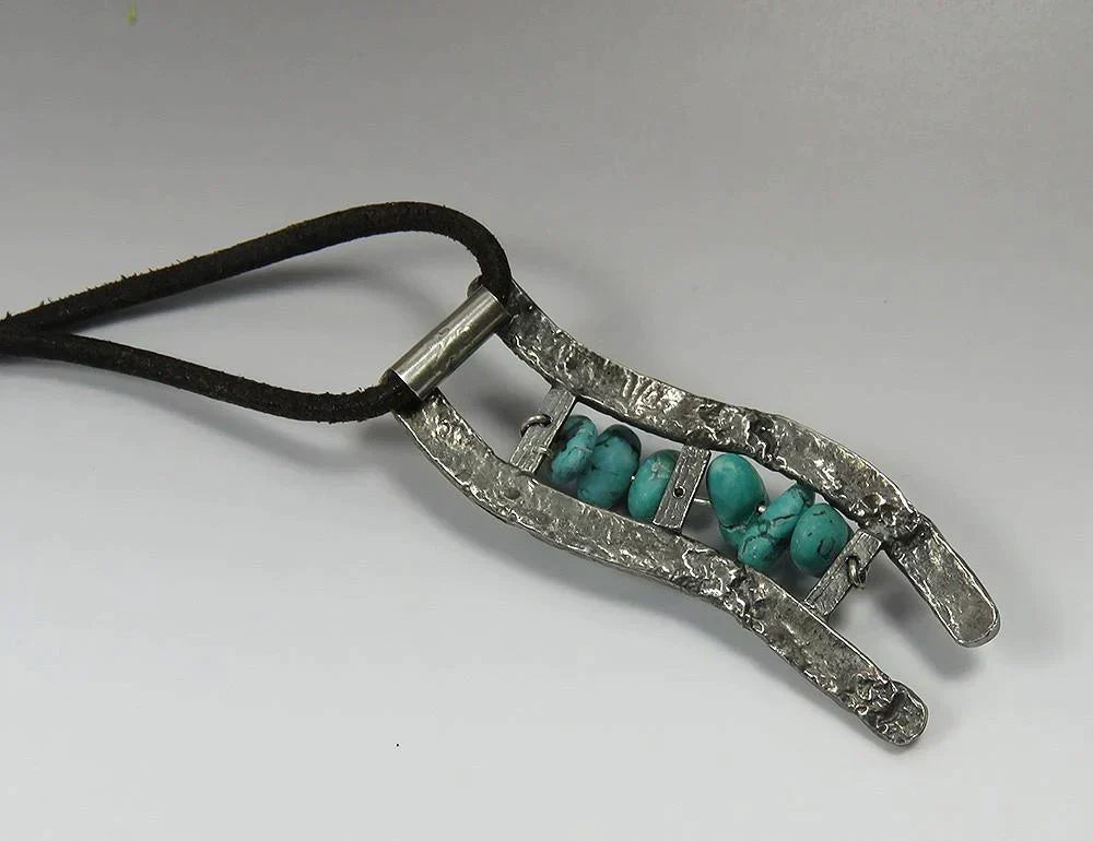 Neat VTG Portuguese Sterling Silver Turquoise River Ladder Pendant Necklace
