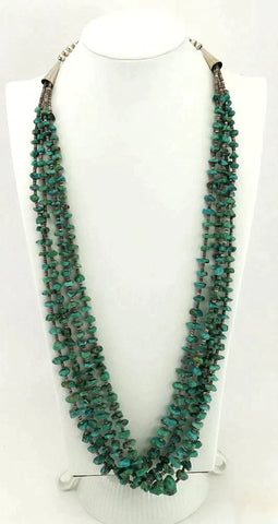 Striking Native American Indian 4 Strand Turquoise Sterling Silver Long Necklace