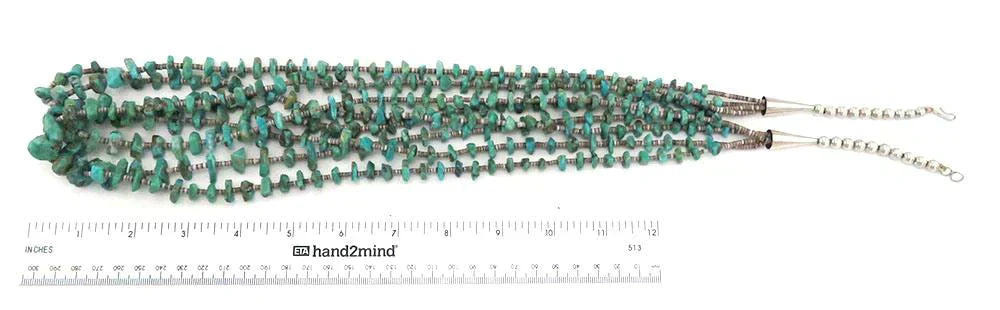 Striking Native American Indian 4 Strand Turquoise Sterling Silver Long Necklace