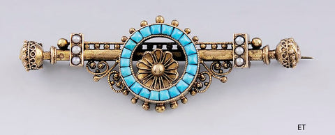 Charming Victorian Etruscan Revival 14k Gold Turquoise Color Glass Bar Pin