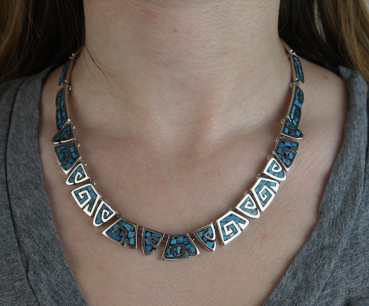 Fab Mexican Sterling Silver Turquoise Mosaic Necklace