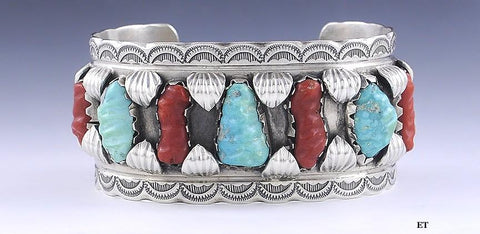 Southwest Navajo Native American Sterling Silver Turquoise & Coral Cuff Bracelet
