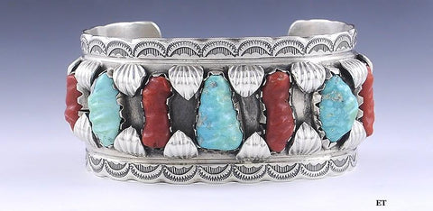 Southwest Navajo Native American Sterling Silver Turquoise & Coral Cuff Bracelet