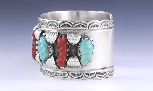 Southwest Navajo Native American Sterling Silver Turquoise & Coral Cuff Bracelet
