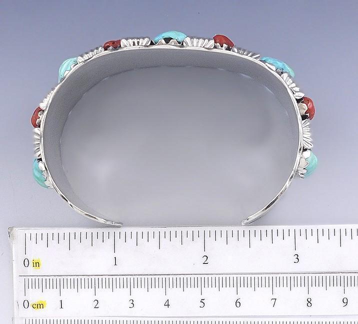 Southwest Navajo Native American Sterling Silver Turquoise & Coral Cuff Bracelet