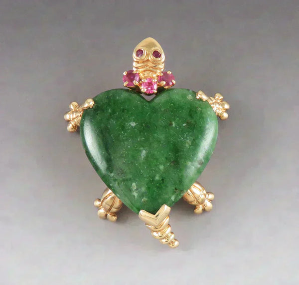 Retro 1960s 14K Yellow Gold Jade Ruby Gemstone Heart Turtle Tortoise Brooch Pin