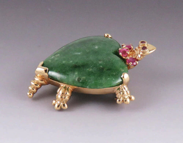 Retro 1960s 14K Yellow Gold Jade Ruby Gemstone Heart Turtle Tortoise Brooch Pin