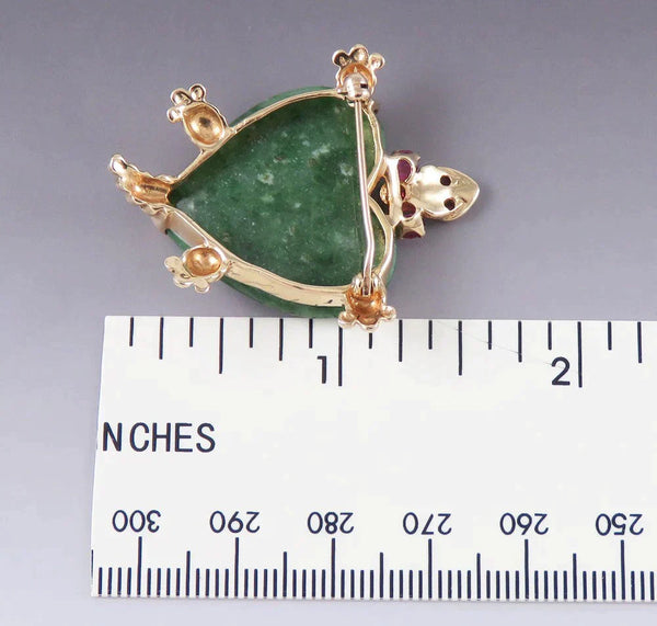 Retro 1960s 14K Yellow Gold Jade Ruby Gemstone Heart Turtle Tortoise Brooch Pin