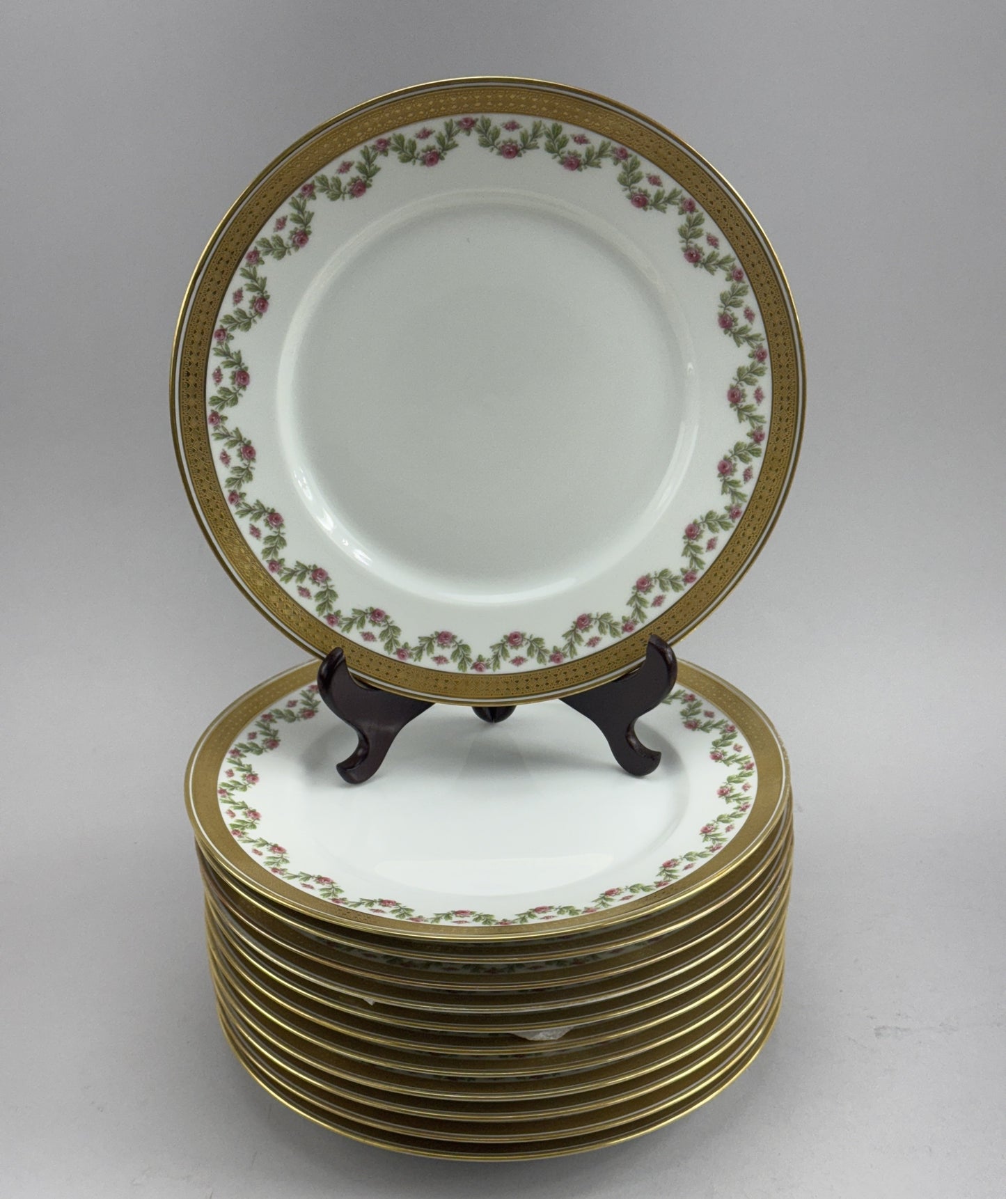 12 Large Limoges Porcelain Plates Ahrenfeldt Roses Gilt