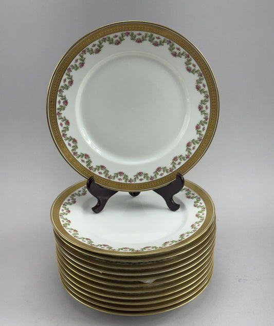 12 Large Limoges Porcelain Plates Ahrenfeldt Roses Gilt