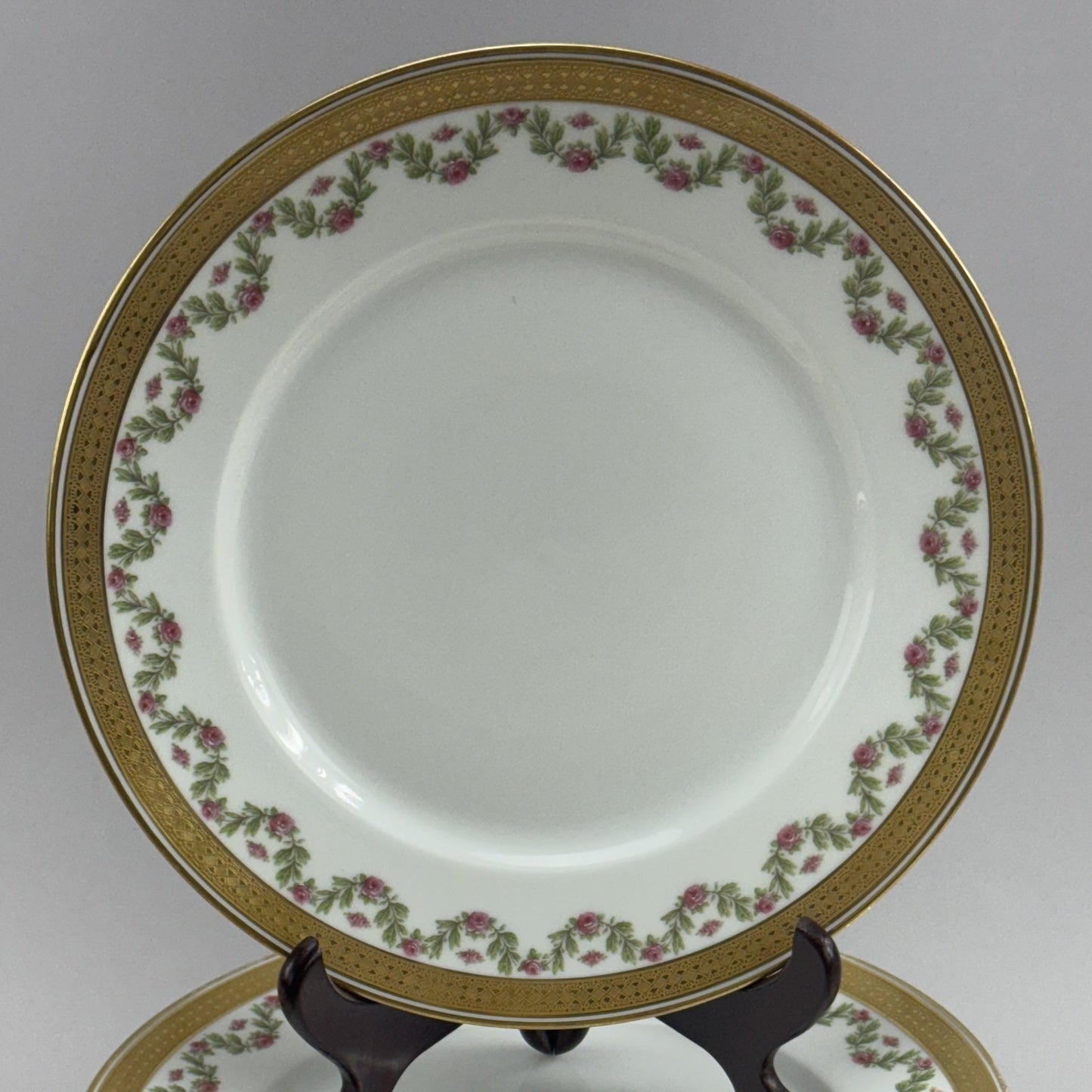 12 Large Limoges Porcelain Plates Ahrenfeldt Roses Gilt