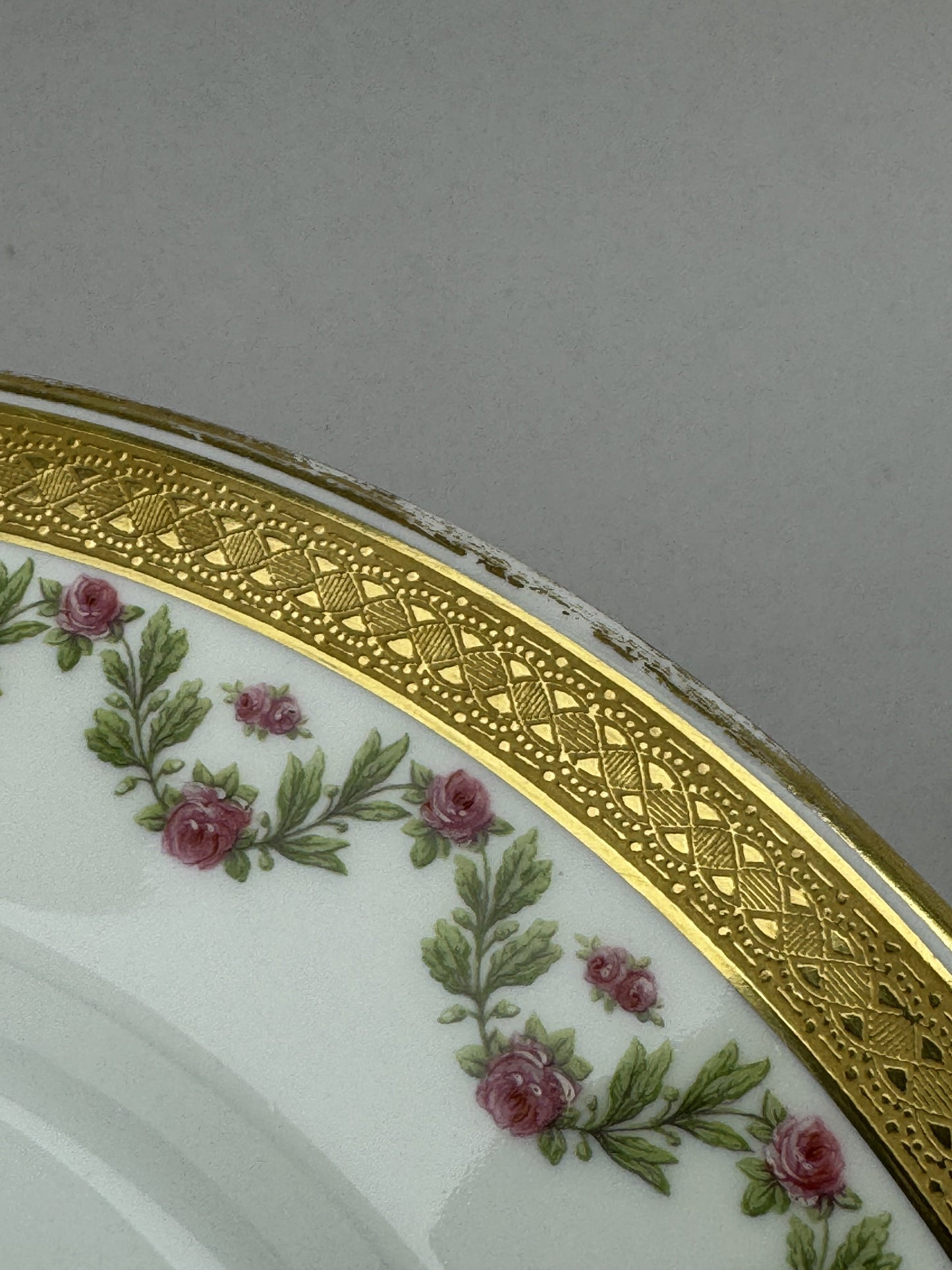 12 Large Limoges Porcelain Plates Ahrenfeldt Roses Gilt
