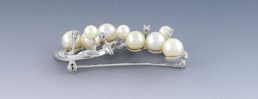 Incredible 14k White Gold Branch Pin W/ Pearls Diamonds Brooch