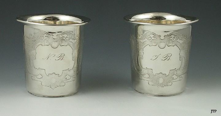 Antique c1867 Pair Austro-Hungarian Silver Engraved Beaker Cups