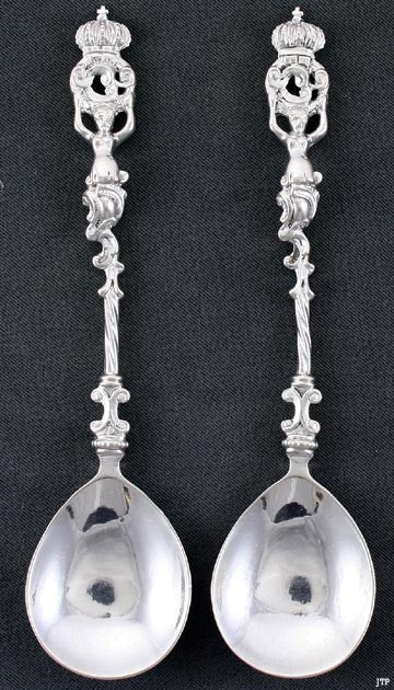 2 Old Antique c1900 Dutch Silver Decoratively Cast Apostle Style Spoons