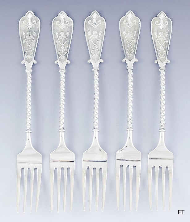Antique 1879 Fine set 5 David Andersen Norwegian Silver 9" Dinner Forks