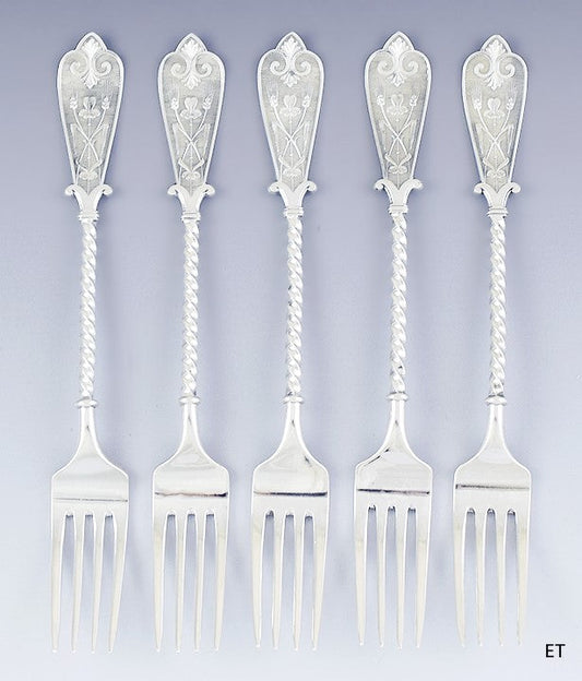 Antique 1879 Fine set 5 David Andersen Norwegian Silver 9" Dinner Forks