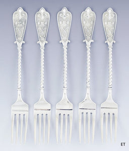 Antique 1879 Fine set 5 David Andersen Norwegian Silver 9" Dinner Forks