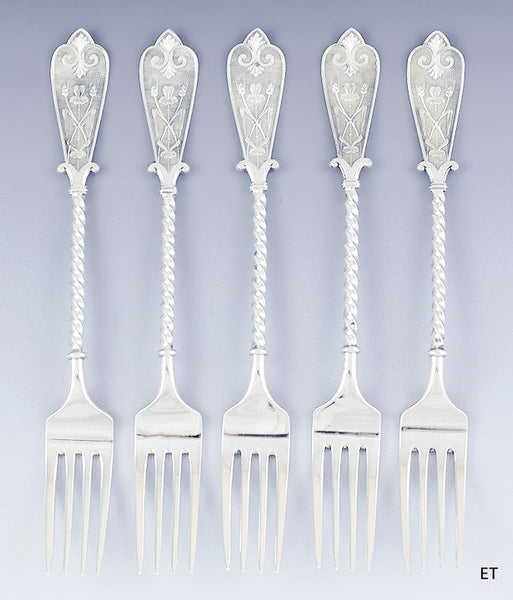 Antique 1879 Fine set 5 David Andersen Norwegian Silver 9" Dinner Forks