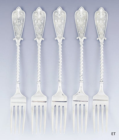 Antique 1879 Fine set 5 David Andersen Norwegian Silver 9" Dinner Forks
