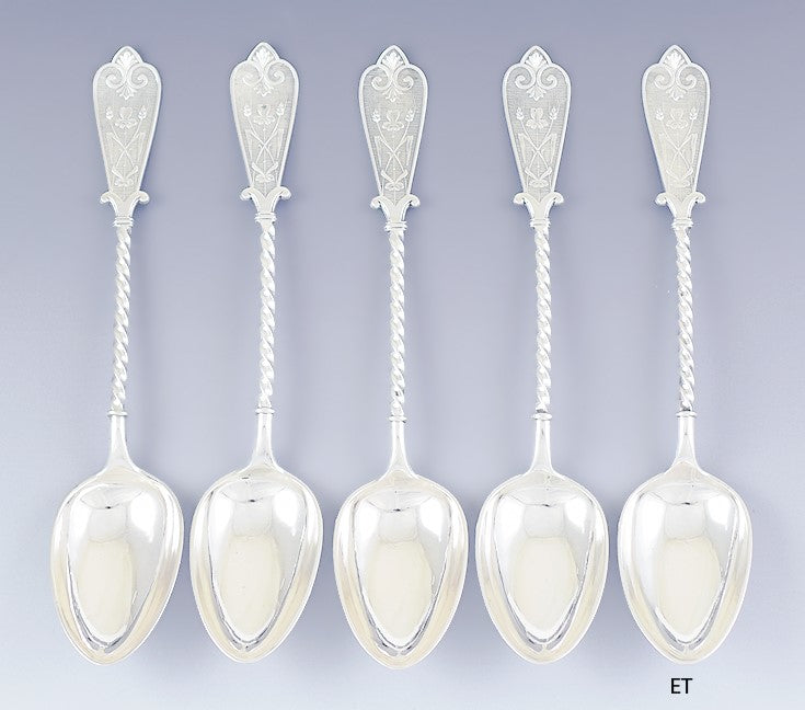 1879 Fine set 5 David Andersen Norwegian Silver Large Soup Serving Spoons