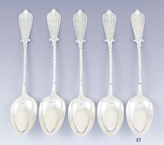 1879 Fine set 5 David Andersen Norwegian Silver Large Soup Serving Spoons