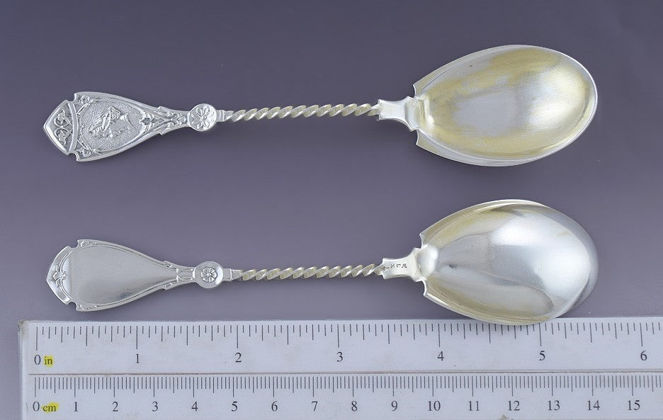 Great set 11 Wood & Hughes Coin Silver Medallion Dessert / Chocolate Spoons