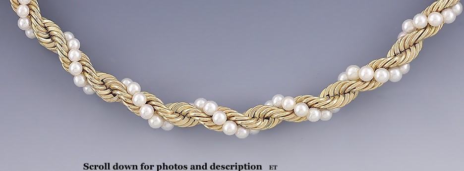 Elegant 14K Yellow Gold & Pearl Twist Necklace Chain Choker