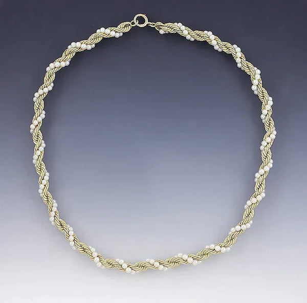 Elegant 14K Yellow Gold & Pearl Twist Necklace Chain Choker