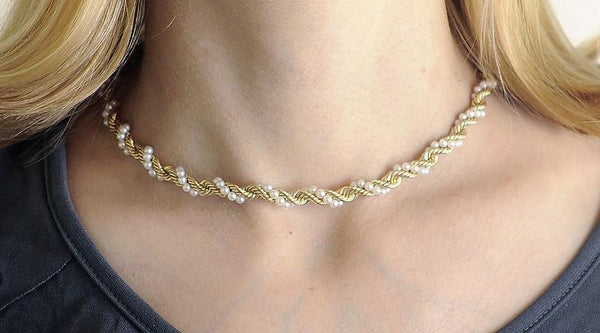 Elegant 14K Yellow Gold & Pearl Twist Necklace Chain Choker