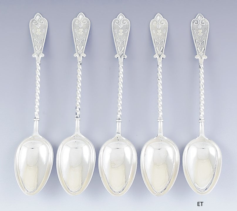 5 Antique 1879 David Andersen Norwegian Silver Soup / Place / Dessert Spoons