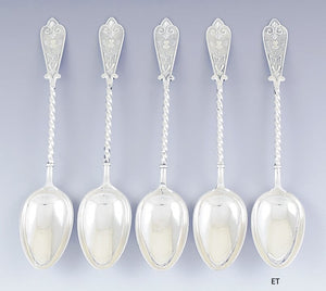 5 Antique 1879 David Andersen Norwegian Silver Soup / Place / Dessert Spoons