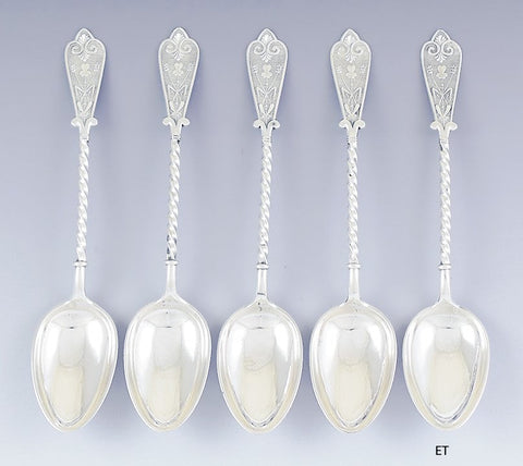 5 Antique 1879 David Andersen Norwegian Silver Soup / Place / Dessert Spoons