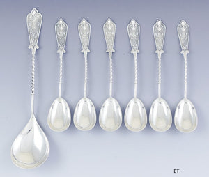 1879 Great set 6 David Andersen Norwegian Silver Dessert Spoons w/ Serving Spoon