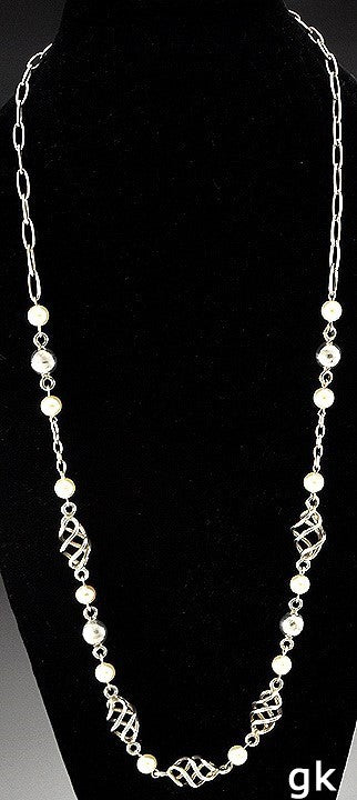 Beautiful Sterling Silver Adjustable Length Necklace Spiral Beads Faux Pearl 30"