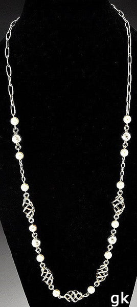 Beautiful Sterling Silver Adjustable Length Necklace Spiral Beads Faux Pearl 30"
