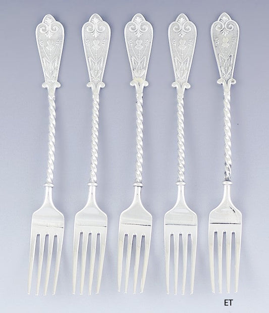 1879 Great set 5 David Andersen Norwegian Silver 7 1/2" Luncheon Forks