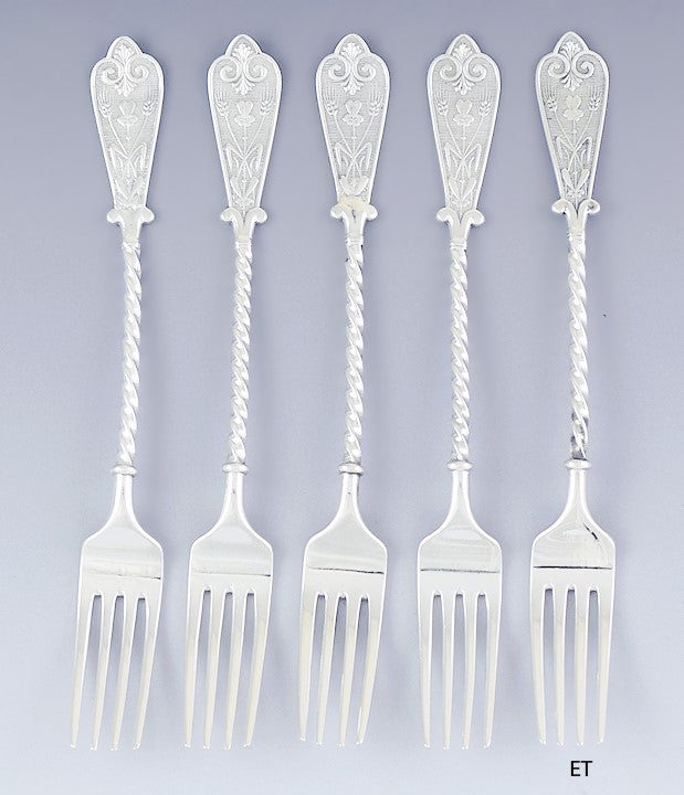 1879 Great set 5 David Andersen Norwegian Silver 7 1/2" Luncheon Forks