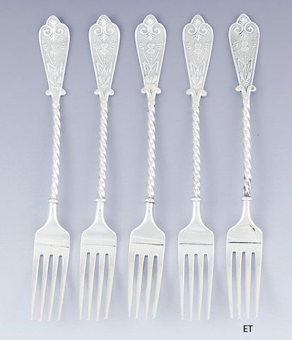 1879 Great set 5 David Andersen Norwegian Silver 7 1/2" Luncheon Forks