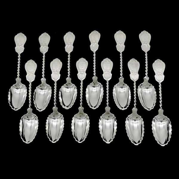 12 Antique Victorian c1865 Wm Gale & Son Sterling Silver Twist Spoons 6 1/4"