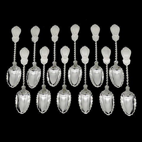 12 Antique Victorian c1865 Wm Gale & Son Sterling Silver Twist Spoons 6 1/4"
